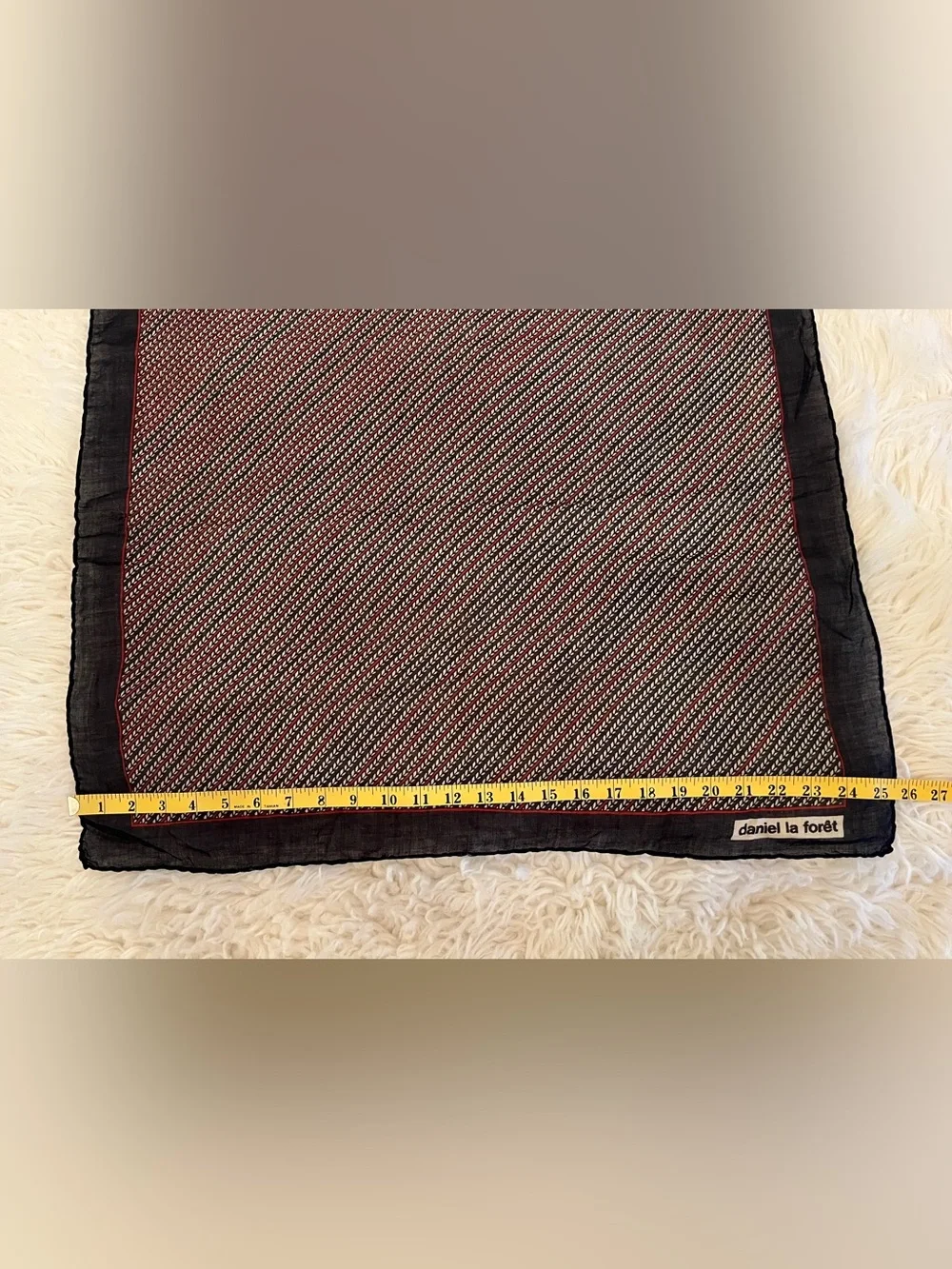 Vintage Paris, Daniel La Forêt Black Patterned Women's Scarf with Red Trim